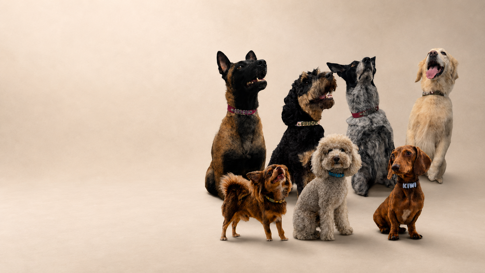 Gruppo di cani con collari MAG personalizzati
